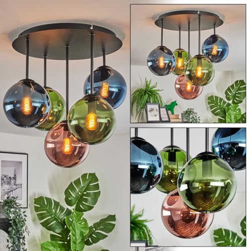 HOFSTEIN Deckenleuchte Gastor, 5-flammige Deckenlampe aus Metall/Glas in Schwarz/Blau/Grün/Kupfer, moderne Leuchte im Retro/Vintage-Design (Schirme Ø 15 cm), E14, Esszimmer, Wohnzimmer, Schlafzimmer von HOFSTEIN