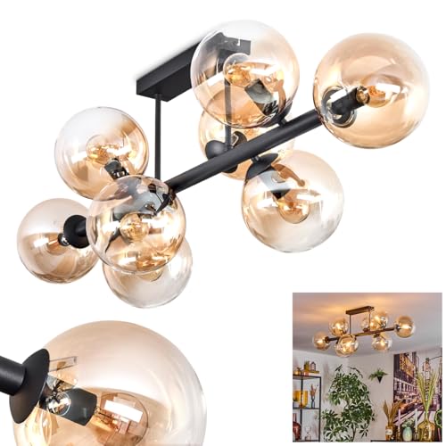 HOFSTEIN Deckenleuchte Gastor, 8-flammige Deckenlampe aus Metall/Glas in Schwarz/Bernstein/Klar, Leuchte im Retro/Vintage-Design (Schirme Ø 15 cm), E14, Esszimmer, Wohnzimmer, Schlafzimmer, Küche von HOFSTEIN