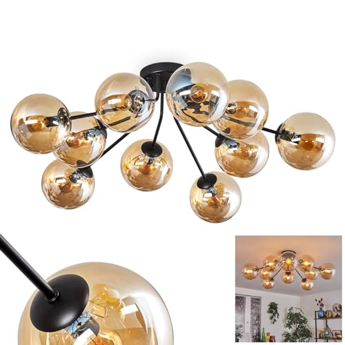 Deckenleuchte Gastor, Deckenlampe aus Metall/Glas in Schwarz/Bernsteinfarben, Leuchte im modernen Design mit Schirmen aus Glas (Ø 15 cm), 10 x E14, ohne Leuchtmittel von HOFSTEIN