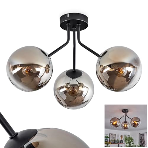 Deckenleuchte Gastor, moderne Deckenlampe aus Metall/Glas in Schwarz/Rauchfarben/Klar, Leuchte im Retro/Vintage-Design mit Schirmen aus Glas (Ø 15 cm), 3-flammig, 3 x E14, ohne Leuchtmittel von HOFSTEIN