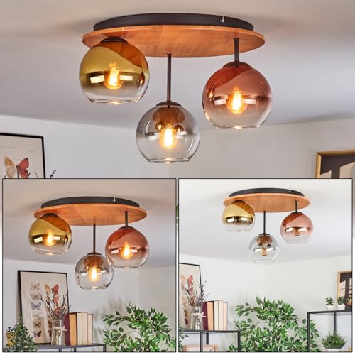 HOFSTEIN Deckenleuchte Koyoto, 3-flammige Deckenlampe aus Metall/Holz/Glas in Schwarz/Natur/Rauch/Kupfer/Gold/Klar, Leuchte im Vintage-Design (Schirme Ø 15cm), E27, Esszimmer, Wohnzimmer, Schlafzimmer von HOFSTEIN