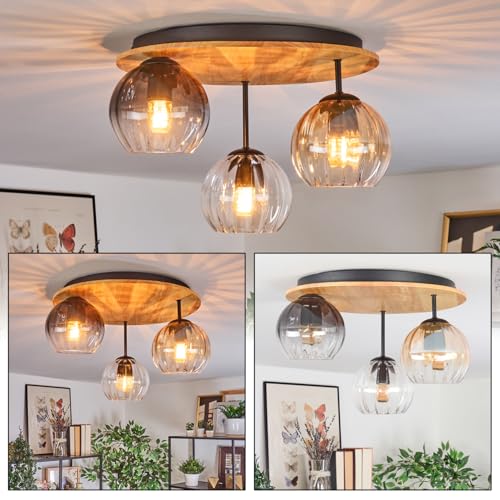 HOFSTEIN Deckenleuchte Koyoto, 3-flammige Deckenlampe aus Metall/Holz/Riffelglas in Schwarz/Natur/Rauch/Berntsein/Klar, Leuchte Retro-Design, Schirme Ø 15 cm, E27, Esszimmer, Wohnzimmer, Schlafzimmer von HOFSTEIN