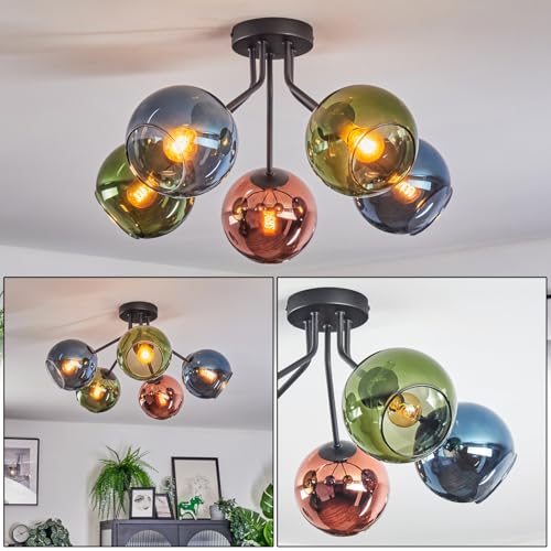 HOFSTEIN Deckenleuchte Koyoto, 5-flammige Deckenlampe aus Metall/Glas in Schwarz/Blau/Grün/Kupfer, moderne Leuchte im Retro/Vintage-Design (Schirme Ø 15 cm), E14, Esszimmer, Wohnzimmer, Schlafzimmer von HOFSTEIN