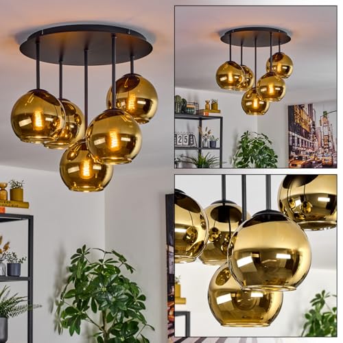 HOFSTEIN Deckenleuchte Koyoto, 5-flammige Deckenlampe aus Metall/Glas in Schwarz/Goldfarben, moderne Leuchte im Retro/Vintage-Design (Schirme Ø 15 cm), E14, Esszimmer, Wohnzimmer, Schlafzimmer, Küche von HOFSTEIN