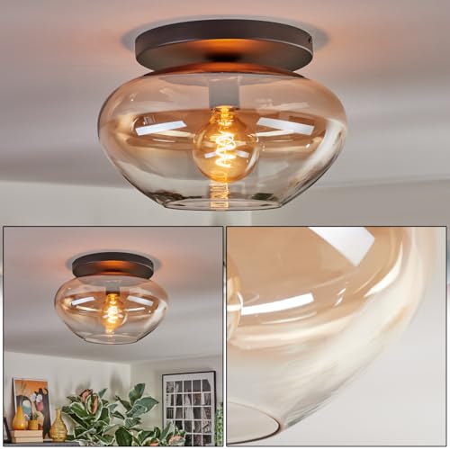 HOFSTEIN Deckenleuchte Mertola, 1-flammige Deckenlampe aus Metall/Glas in Schwarz/Bernsteinfarben/Klar, Leuchte im Retro/Vintage-Design (Schirm Ø 35 cm), E27, Esszimmer, Wohnzimmer, Küche, Flur, Büro von HOFSTEIN