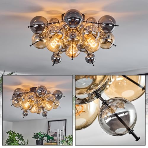 HOFSTEIN Deckenleuchte Milheiros, Deckenlampe aus Metall/Glas in Schwarz/Rauch-/Bernsteinfarben, moderne Leuchte im Retro/Vintage-Design (Ø 55 cm), E14, Esszimmer, Wohnzimmer, Schlafzimmer, Küche von HOFSTEIN