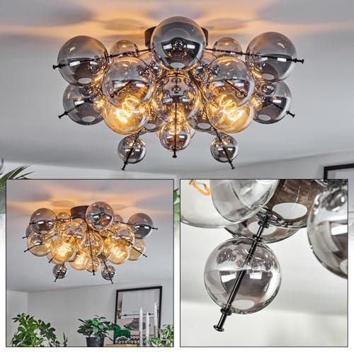 HOFSTEIN Deckenleuchte Milheiros, Deckenlampe aus Metall/Glas in Schwarz/Rauchfarben, moderne Leuchte im Retro/Vintage-Design (Ø 55 cm), E14, Esszimmer, Wohnzimmer, Schlafzimmer, Küche von HOFSTEIN
