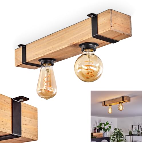 Deckenleuchte Montgomery, Deckenlampe aus Metall/Holz in Schwarz/Natur, Leuchte im skandinavischen Design mit Holzbalken, 2 x E27-Fassung, ohne Leuchtmittel von HOFSTEIN