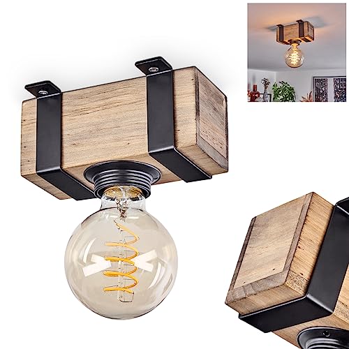 HOFSTEIN Deckenleuchte Montgomery, moderne Deckenlampe aus Metall/Holz in Schwarz/Natur, Leuchte im Industrial-Style, Retro/Vintage-Leuchte 1-flammig mit Holzbalken, E27-Fassung. ohne Leuchtmittel von HOFSTEIN