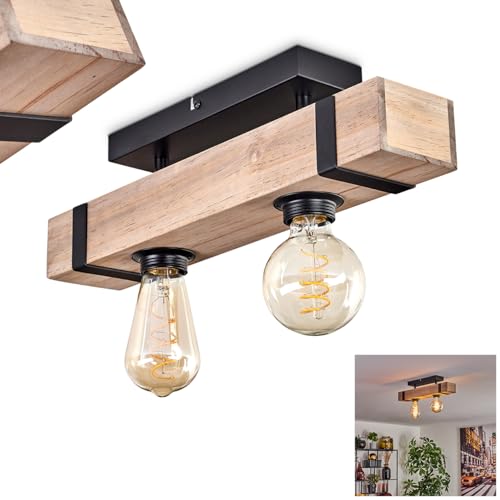 Deckenleuchte Montgomery, moderne Deckenlampe aus Metall/Holz in Schwarz/Natur, Leuchte im industrial Design mit Holzbalken, 2-flammig, 2 x E27, ohne Leuchtmittel von HOFSTEIN