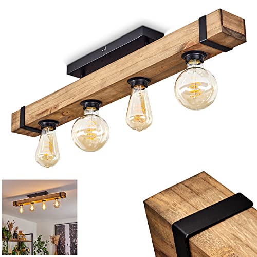 Deckenleuchte Montgomery, moderne Deckenlampe aus Metall/Holz in Schwarz/Natur, Leuchte mit Holzstab im Vintage-Design, 4-flammig, 4 x E27, ohne Leuchtmittel von HOFSTEIN