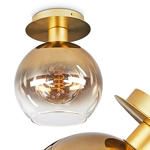HOFSTEIN Deckenleuchte Pascal, Deckenlampe aus Metall/Glas in Messingfarben/Bernsteinfarben, moderne Leuchte mit Schirmen aus Echtglas/Rauchglas (Ø 19,5 cm), 1-flammig, 1 x E27,ohne Leuchtmittel von HOFSTEIN