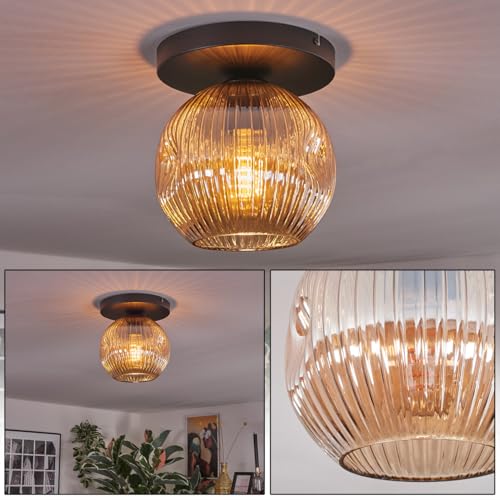 HOFSTEIN Deckenleuchte Ripoll, 1-flammige Deckenlampe aus Metall/Riffelglas in Schwarz/Bernsteinfarben, Leuchte im Retro/Vintage-Design (Schirm Ø 20 cm), E27, Esszimmer, Wohnzimmer, Küche, Flur von HOFSTEIN