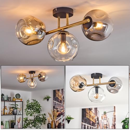 HOFSTEIN Deckenleuchte Ripoll, 3-flammige Deckenlampe aus Metall/Glas in Schwarz/Gold/Bernstein/Rauch/Klar, Leuchte im Retro/Vintage-Design (Schirme Ø 15 cm), E14, Esszimmer, Wohnzimmer, Schlafzimmer von HOFSTEIN