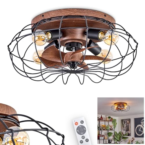 HOFSTEIN Deckenventilator Wemude, Ventilator aus Metall/Kunststoff in Schwarz/Holzoptik mit Fernbedienung u. Auf-/Abwind-Funktion, Deckenleuchte 4-flammig Ø 50 cm, 4 x E27, drei Stufen von HOFSTEIN