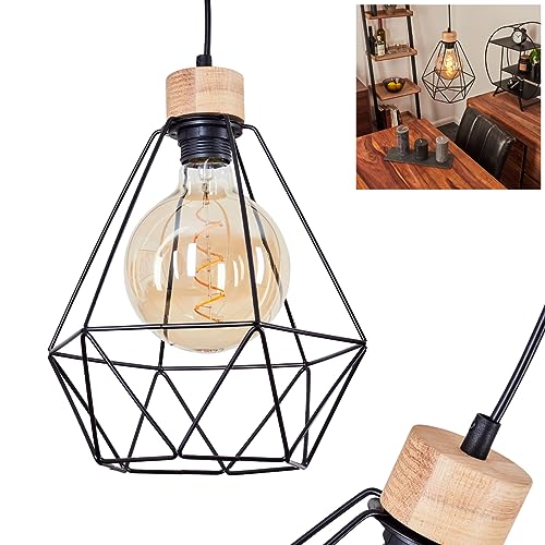 HOFSTEIN Hängeleuchte Carobal, 1-flammige Hängelampe aus Metall/Holz in Schwarz/Natur, Vintage Design mit Schirm in Gitter-Optik, Höhe max. 125 cm, 1 x E27-Fassung max. 25 Watt von HOFSTEIN