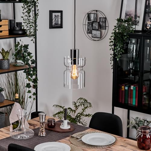 HOFSTEIN Hängeleuchte Hasvik, 1-flammige Hängelampe aus Metall/Glas in Schwarz/Chromfarben/Klar, Retro/Vintage-Design (Ø 15 cm), E27, Pendelleuchte verstellbar 155 cm, Esszimmer, Wohnzimmer, Küche von HOFSTEIN