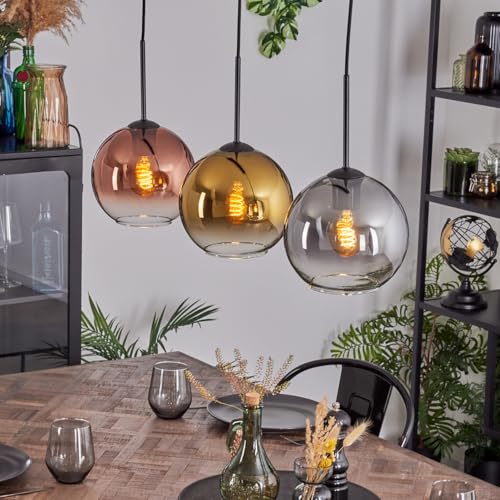 HOFSTEIN Hängeleuchte Koyoto, 3-flammige Hängelampe aus Metall/Glas in Schwarz/Rauch/Gold/Kupfer/Klar, Pendelleuchte im Retro/Vintage-Design (Schirme Ø 20 cm), E27, Esszimmer, Wohnzimmer, Küche von HOFSTEIN