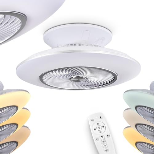 HOFSTEIN LED Deckenventilator Nagoya in Weiß/Chorm, LED Deckenleuchte mit Ventilator, 39 Watt, Ø 58 cm, dimmbar über Fernbedienung, 2700-5000 Kelvin, mit Timer-Funktion von HOFSTEIN
