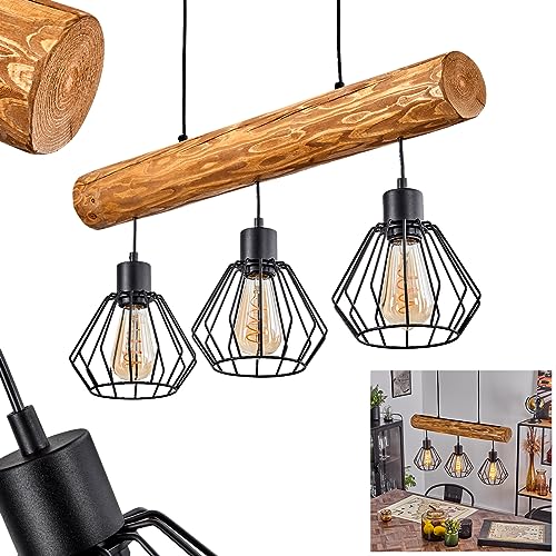 HOFSTEIN Pendelleuchte Canedo, moderne Hängelampe aus Metall/Holz in Schwarz/Natur, Leuchte im Retro/Vintage-Design mit Schirmen in Gitter-Optik, 3-flammig, Höhe max. 168 cm, 3 x E27 von HOFSTEIN