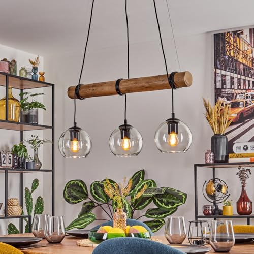 HOFSTEIN Pendelleuchte Koyoto, 3-flammige Hängelampe aus Metall/Holz/Glas in Schwarz/Natur/Klar, Hängeleuchte im Boho-Design mit Glasschirmen, Holzbalken, max 150cm, E27, Esszimmer, Wohnzimmer, Küche HOFSTEIN Pendelleuchte Koyoto, 3-flammige Hängelampe aus Metall/Holz/Glas in Schwarz/Natur/Klar, Hängeleuchte im Boho-Design mit Glasschirmen, Holzbalken, max 150cm, E27, Esszimmer, Wohnzimmer, Küche von HOFSTEIN