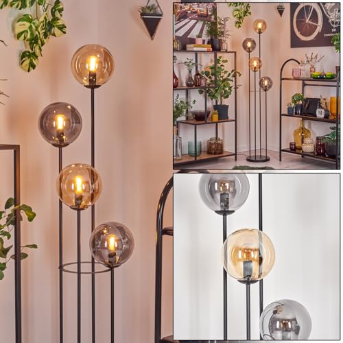 HOFSTEIN Stehleuchte Gastor, Stehlampe aus Metall/Glas in Schwarz/Rauch/Bernstein, moderne Leuchte im Retro/Vintage-Design (Ø 15 cm), Fußschalter, 148,5 cm, E14, Wohnzimmer, Schlafzimmer, Flur, Büro von HOFSTEIN