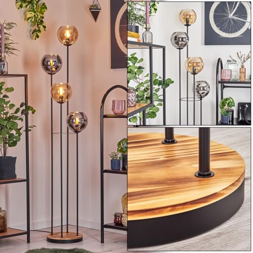 HOFSTEIN Stehleuchte Koyoto, Stehlampe aus Metall/Holz/Glas in Schwarz/Natur/Bernstein/Chrom/Rauch, Leuchte im Vintage-Design (Ø 15 cm), Fußschalter, 147 cm, E14, Wohnzimmer, Schlafzimmer, Flur, Büro von HOFSTEIN