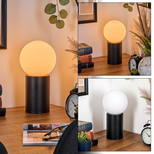 HOFSTEIN Tischleuchte Gastor, Tischlampe aus Metall/Glas in Schwarz/Weiß/Milchglas, Leuchte im Retro/Vintage-Design mit Glasschirm (Ø 15cm), E14, Wohnzimmer, Schlafzimmer, Flur, Büro, Kinderzimmer von HOFSTEIN
