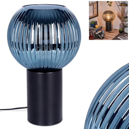 HOFSTEIN Tischleuchte Koyoto, Tischlampe aus Metall/Riffelglas in Schwarz/Blau, Leuchte im Retro/Vintage-Design mit Glasschirm (Ø 20 cm), E27, Wohnzimmer, Schlafzimmer, Esszimmer, Flur, Büro von HOFSTEIN