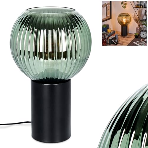 HOFSTEIN Tischleuchte Koyoto, Tischlampe aus Metall/Riffelglas in Schwarz/Grün, Leuchte im Retro/Vintage-Design mit Glasschirm (Ø 20 cm), E27, Wohnzimmer, Schlafzimmer, Esszimmer, Flur, Büro von HOFSTEIN