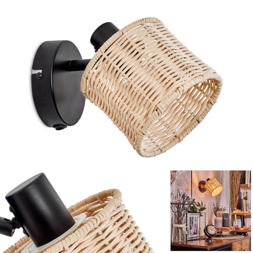 Wandleuchte Cavaca, verstellbare Wandlampe aus Metall/Rattan in Schwarz/Natur, Leuchte im modernen Design mit verstellbarem Schirm (Ø 12 cm), 1-flammig, 1 x E14, ohne Leuchtmittel von HOFSTEIN