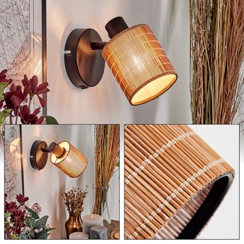 HOFSTEIN Wandleuchte Kinnared, Wandlampe aus Metall/Bambus in Schwarz/Natur, Leuchte im Boho-Design mit verstellbarem Schirm und Schalter am Gehäuse, E14, Wohnzimmer, Schlafzimmer, Küche, Flur von HOFSTEIN