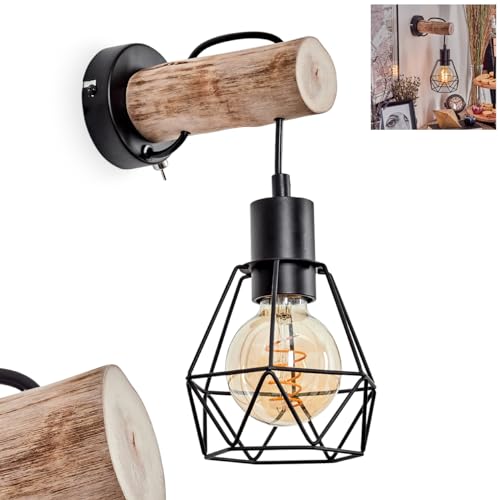 Wandleuchte Yaak, Wandlampe aus Metall/Holz in Schwarz/Natur, Leuchte im skandinavischen Design mit Schirm in Gitter-Optik und tollem Lichteffekt an der Wand, 1 x E27, ohne Leuchtmittel von HOFSTEIN