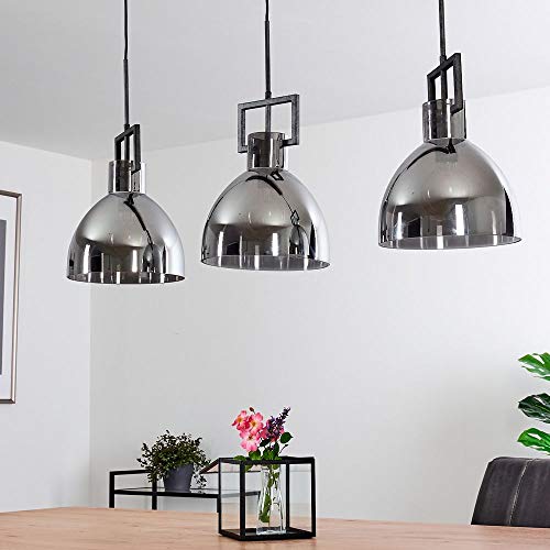 Hängeleuchte Buzova aus Metall/Glas in Grau/Chrom/Rauchglas, Hängelampe 3-flammig, 3 x E27 max. 60 Watt, max. Höhe 145 cm, Pendelleuchte im Industrial-Look m. Schirmen in Rauchglas-Optik, LED geeignet von HOFSTEIN