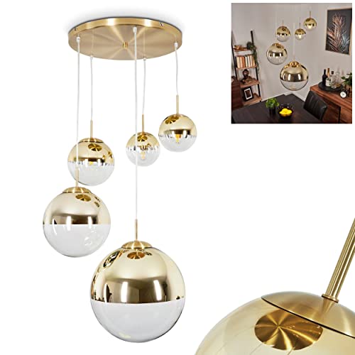 Hängeleuchte Degevos, 5-flammige Deckenlampe aus Metall/Glas in Goldfarben/Klar, moderne Pendellampe mit Kugeln aus Echtglas, Höhe max. 142 cm, 5 x E27, ohne Leuchtmittel von HOFSTEIN