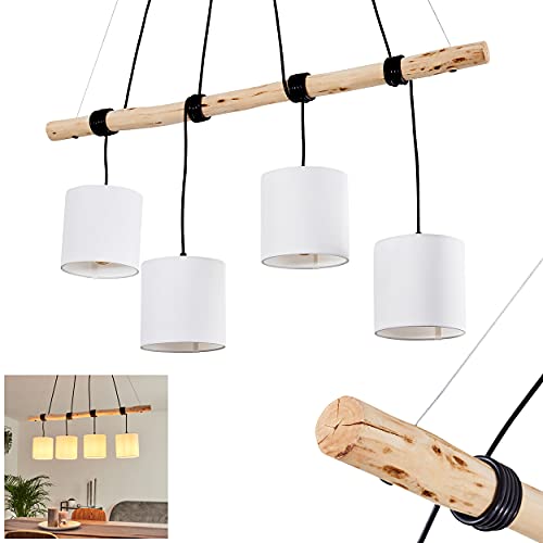 HOFSTEIN Pendelleuchte Betsele, 4-flammige Hängelampe aus Metall und Holz in Weiß/Natur, Modernes Design mit Stoffschirmen in Weiß, Höhe der Leuchtköpfe verstellbar, E27, Wohnzimmer, Esszimmer, Küche von HOFSTEIN