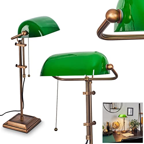 Klassische Bankerlampe, Retro Tischlampe aus Metall in Bronzefarben, Leuchtenschirm aus Glas in Grün, 1 x E27, Tischleuchte für Büro u. Schreibtisch, Zugschnur zum An-/Ausschalten, ohne Leuchtmittel von HOFSTEIN