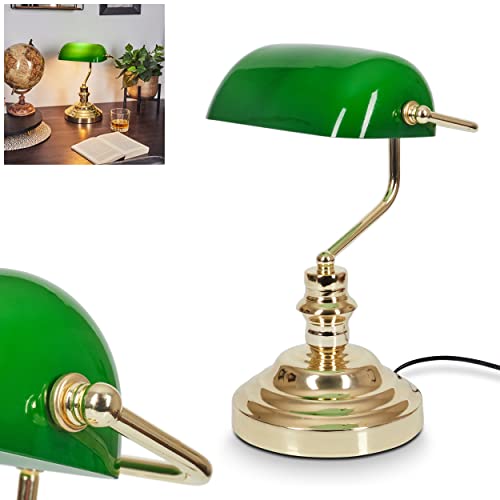 Klassische Bankerlampe, Retro Tischleuchte aus Metall in poliertem Messing, Leuchtenschirm aus Glas in Grün, E27-Fassung, Tischleuchte für Büro u. Schreibtisch, ohne Leuchtmittel von HOFSTEIN