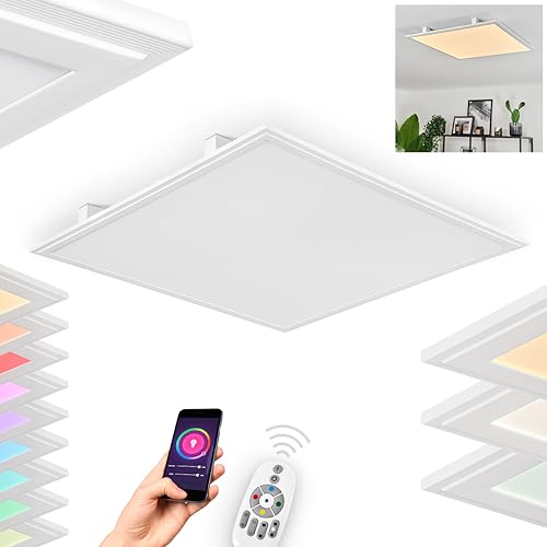 LED Deckenleuchte Crum, dimmbare Deckenlampe aus Metall in Weiß, 34 Watt, max. 4300 Lumen, 2700-6500 Kelvin, RGB Farbwechsler, steuerbar über Smart App, Smart Home fähig, Fernbedienung u. Bluetooth von HOFSTEIN