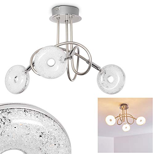 LED Deckenleuchte Donot, geschwungene Deckenlampe aus Metall in Nickel-matt/Chrom, 3-flammig mit verstellbaren Leuchtenköpfen, 3 x 6 Watt, 1800 Lumen insgesamt, Lichtfarbe 3000 Kelvin, Glitzereffekt von HOFSTEIN