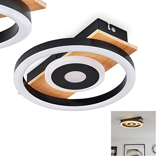 LED Deckenleuchte Taboneira, moderne Deckenlampe aus Metall/Holz/Kunststoff in Schwarz/Natur/Weiß, runde Leuchte (Ø 20 cm) mit Balken aus Echtholz, 1100 Lumen, 3000 Kelvin, 1 x LED 12 Watt (inkl.) von HOFSTEIN