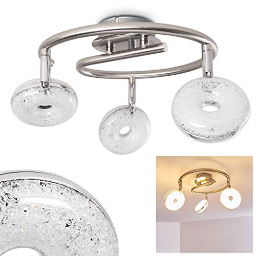 LED Deckenleuchte Donot, spiralförmige Deckenlampe aus Metall in Nickel-matt/Chrom, 3-flammig mit verstellbaren Leuchtenköpfen, 3 x 6 Watt, 1800 Lumen insgesamt, Lichtfarbe 3000 Kelvin, Glitzereffekt von HOFSTEIN