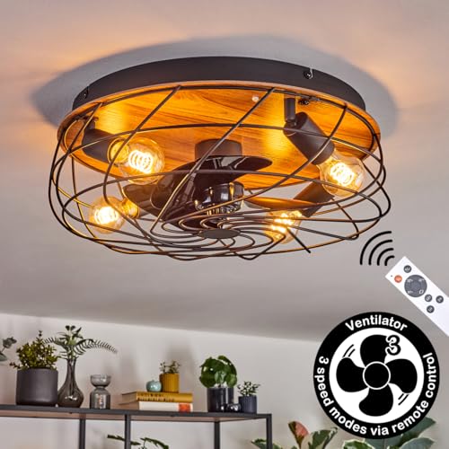 LED Deckenventilator Tourais, Ventilator aus Metall/MDF in Schwarz/Holzoptik, Deckenleuchte im Retro/Vintage-Design in Gitter-Optik, Lichteffekt u. Fernbedienung, Wohnzimmer, Schlafzimmer, Esszimmer LED Deckenventilator Tourais, Ventilator aus Metall/MDF in Schwarz/Holzoptik, Deckenleuchte im Retro/Vintage-Design in Gitter-Optik, Lichteffekt u. Fernbedienung, Wohnzimmer, Schlafzimmer, Esszimmer von HOFSTEIN