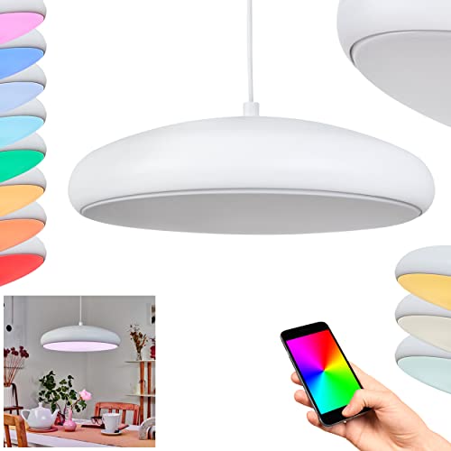 LED Hängeleuchte Rhone, dimmbare Pendellampe aus Metall in Weiß, Hängelampe m. Fernbedienung, Bluetooth u. RGB Farbwechsler, Steuerbar über Smart App, RGB LED 27 Watt, 3400 Lumen, 2700-6500 Kelvin von HOFSTEIN