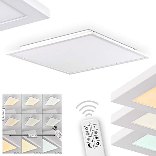 LED Panel Salmi, dimmbare Deckenleuchte aus Aluminium in Weiß, 40 Watt, 480-4800 Lumen, Lichtfarbe 3000-6400 Kelvin, eckiges Deckenpanel in flachem Design mit Fernbedienung von HOFSTEIN