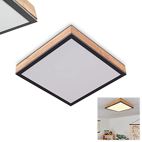 LED Panel Salmi, modernes Deckenpanel aus Metall und MDF in Schwarz/Weiß/Natur, 12 Watt, 1-flammig, 960 Lumen, Lichtfarbe 3000 Kelvin (warmweiß), eckige Deckenlampe in flachem Design von HOFSTEIN