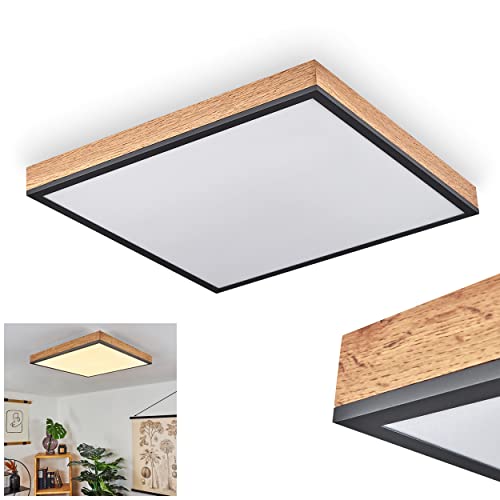 HOFSTEIN LED Panel Salmi, modernes Deckenpanel aus Metall/MDF in Schwarz/Weiß/Holzoptik, 24 Watt, 1-flammig, 2100 Lumen, Lichtfarbe 3000 Kelvin (warmweiß), eckige Deckenlampe in flachem Design von HOFSTEIN