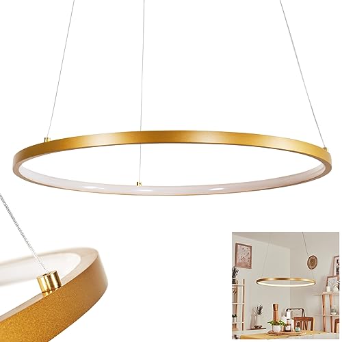 LED Pendelleuchte Calcium, moderne Hängelampe aus Metall/Kunststoff in Messingfarben-matt/Weiß, Leuchte im Retro-/Vintage Design mit rundem Schirm (Ø 60 cm), Höhe max. 120 cm, LED 29 Watt, 3800 Lumen von HOFSTEIN