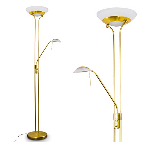 LED Stehlampe Biot, moderne Stehleuchte aus Metall/Glas in Messing, 18 u. 5 Watt, 1620 u. 450 Lumen, Lichtfarbe 3000 Kelvin, Standleuchte mit Dimmer u. verstellbarem Lesearm, mit Fußschalter am Kabel von HOFSTEIN