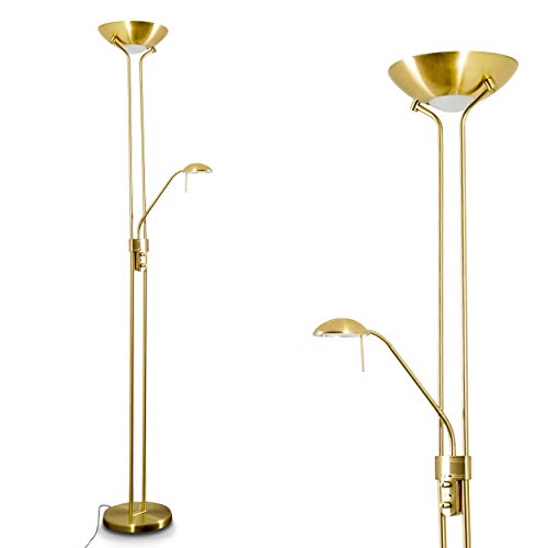 LED Stehlampe Rom aus Metall in Messing, dimmbare Stehleuchte Drehdimmer am Gehäuse, 1 x 18 Watt, 1600 Lumen u. 1 x 5 Watt, 480 Lumen, 3000 Kelvin (warmweiß), Deckenfluter mit verstellbarem Lesearm von HOFSTEIN